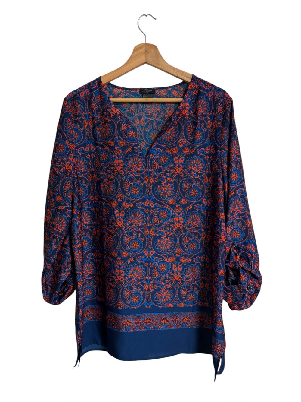 Ann Taylor vibrant dark paisley print v-neck 3/4 roll tab sleeve boho tunic L